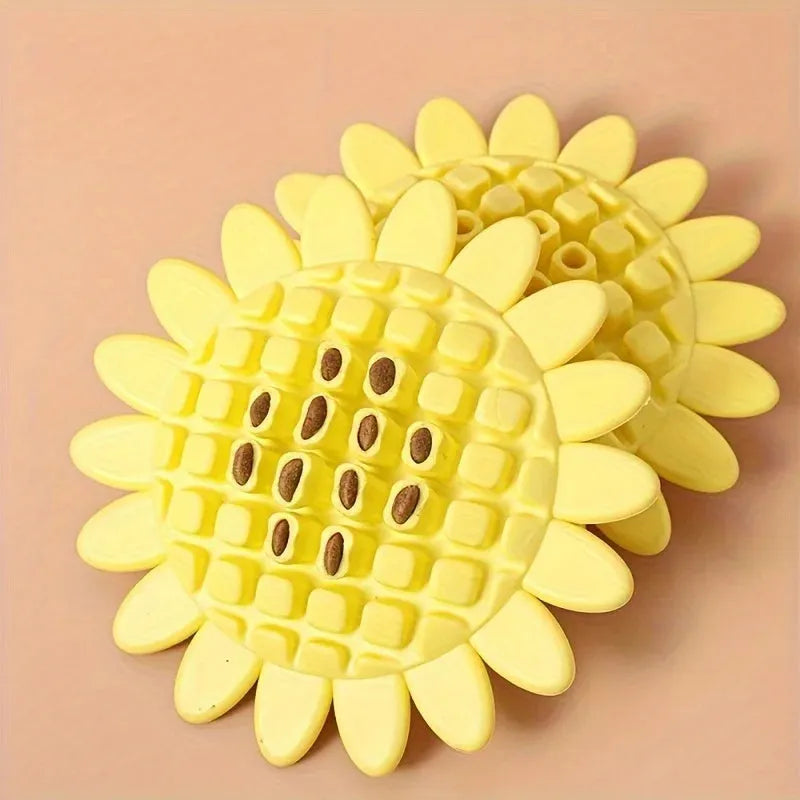 Yellow rubber sunflower dog chew toy with 10cm diameter head and 5cm stem