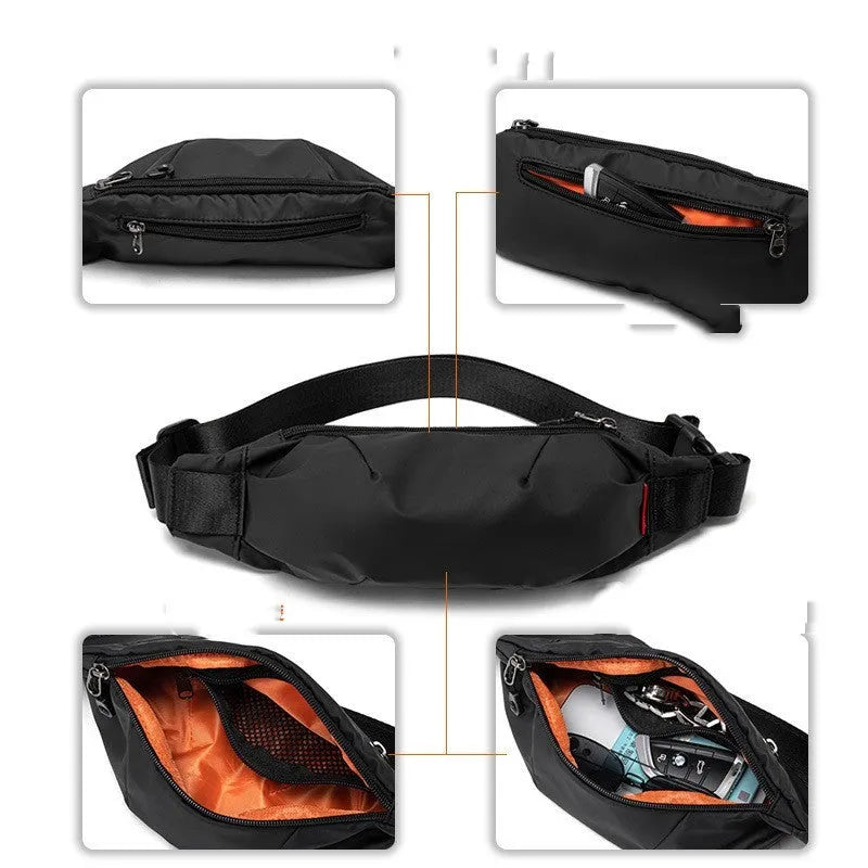Black Oxford cloth waist pack with a phone pocket and ID pocket, shown with dimensions 12cm high by 27cm wide.