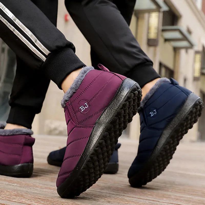Women's waterproof winter snow boots with cotton lining, sheep shearling insole, low heel, in black, coffee, dark blue, gray, purple
