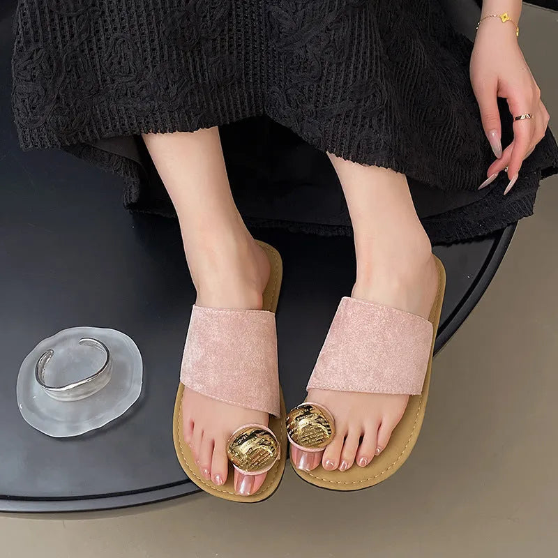 Women's flat bottomed French toe flip flops in solid colour with artificial PU upper and rubber sole
