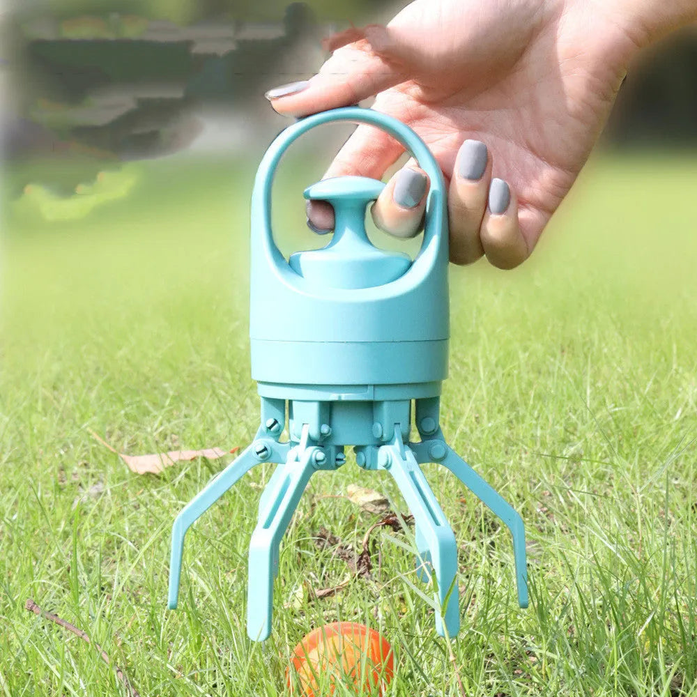 Blue portable dog pooper scooper with eight-claw mechanism and built-in bag dispenser