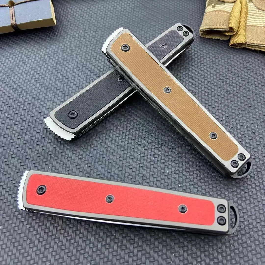 CRKT 7190 folding fruit knife with stainless steel blade shown closed and open, in black, brown, or red colour options.