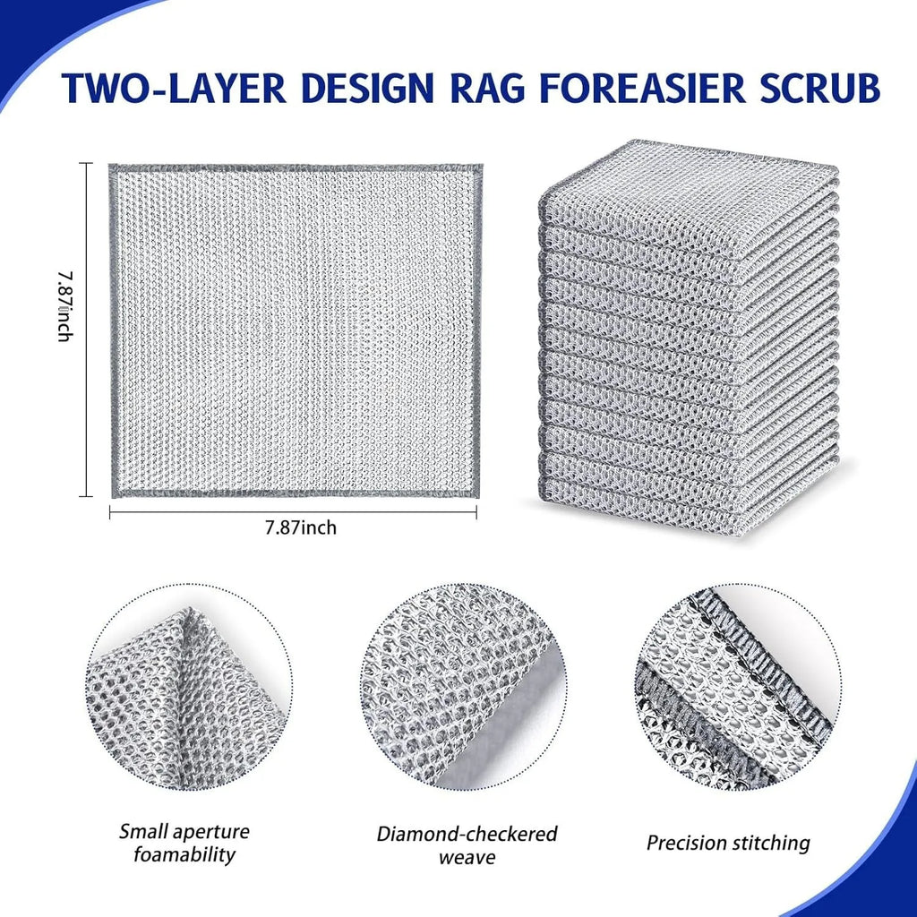 Double-sided household scrub brush with stainless steel wire on one side and silver microfiber cloth on the other.