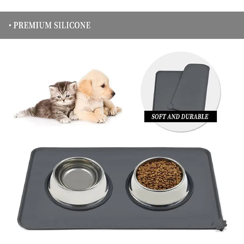 Silicone pet placemat in five colour options beneath dog food and water bowls