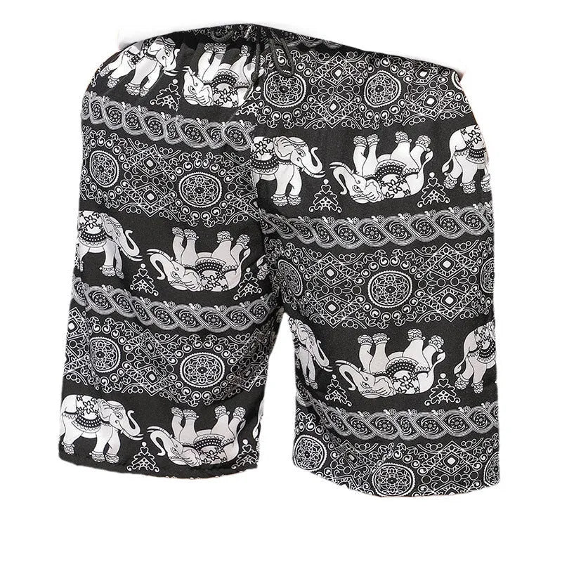 Men's loose fit beach pants in ice silk polyester blend fabric with stripe or floral patterns