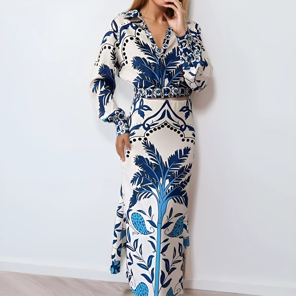 Women's casual outfit set with long sleeve top and long skirt in picture colour.
