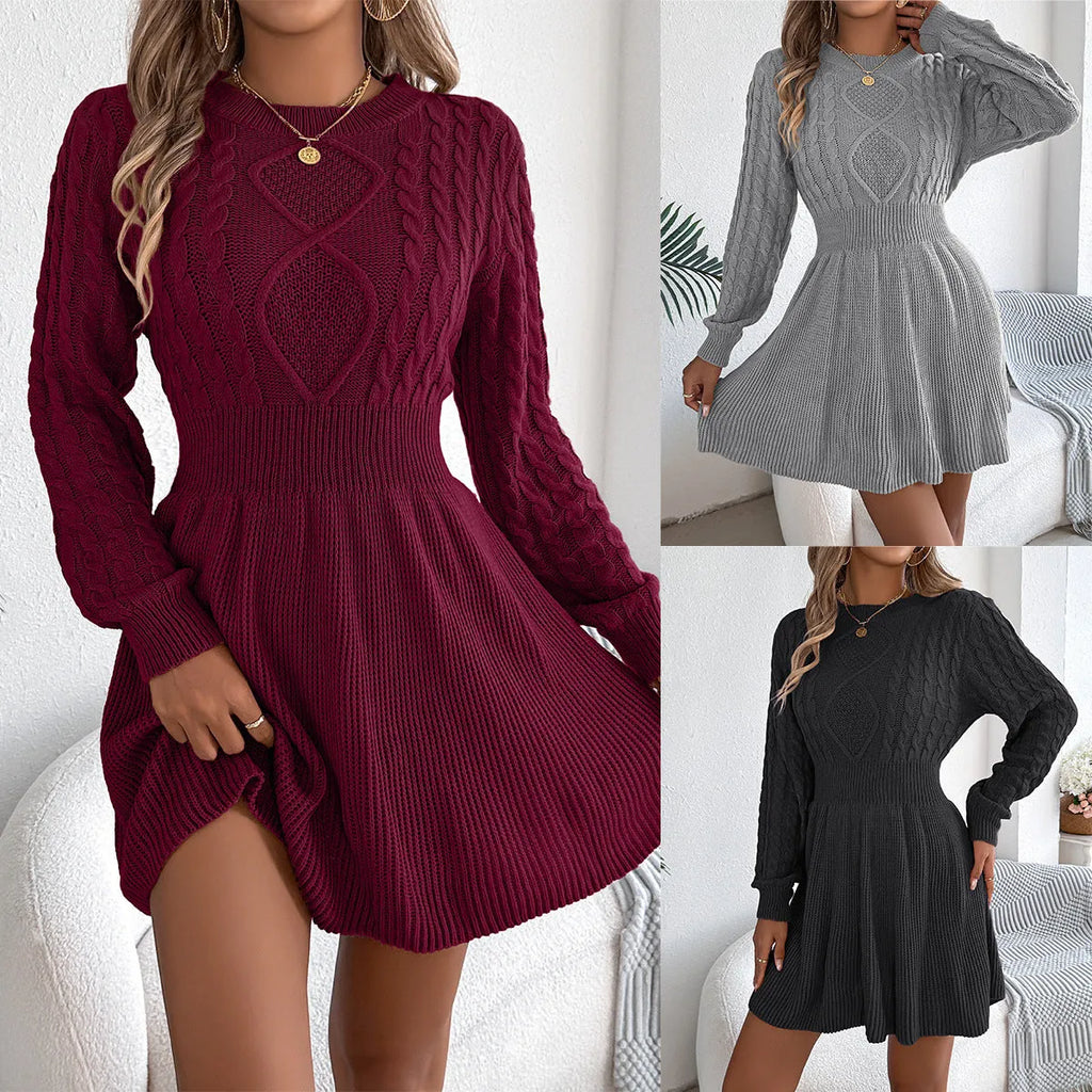 Women's lantern sleeve sweater dress with elastic waist in black artificial fur fabric