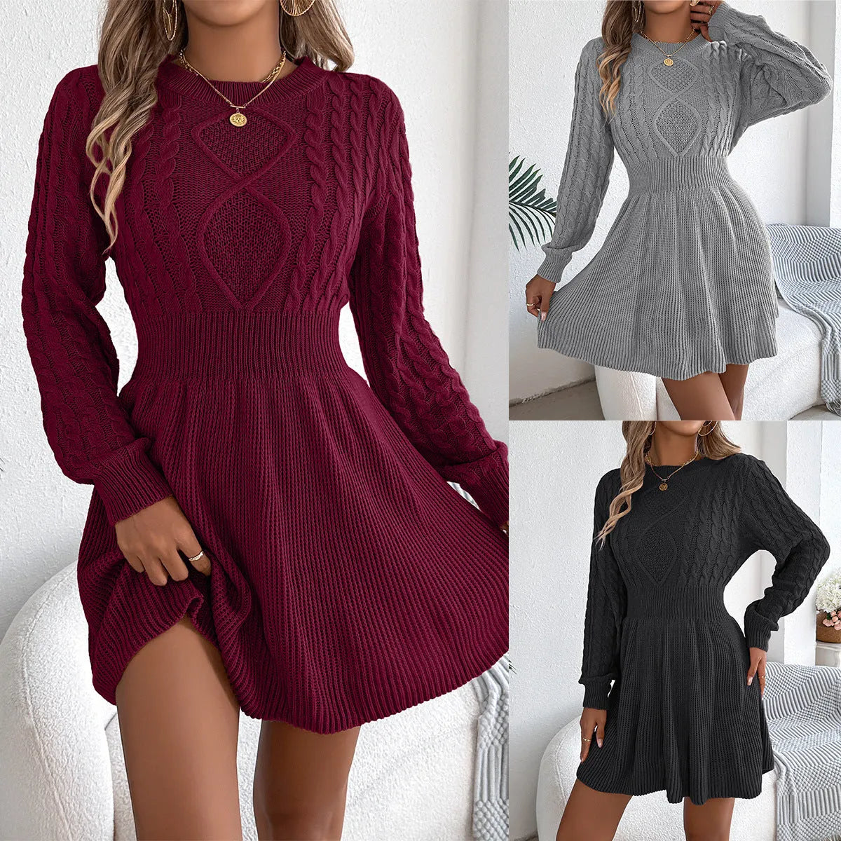 Women's lantern sleeve sweater dress with elastic waist in black artificial fur fabric