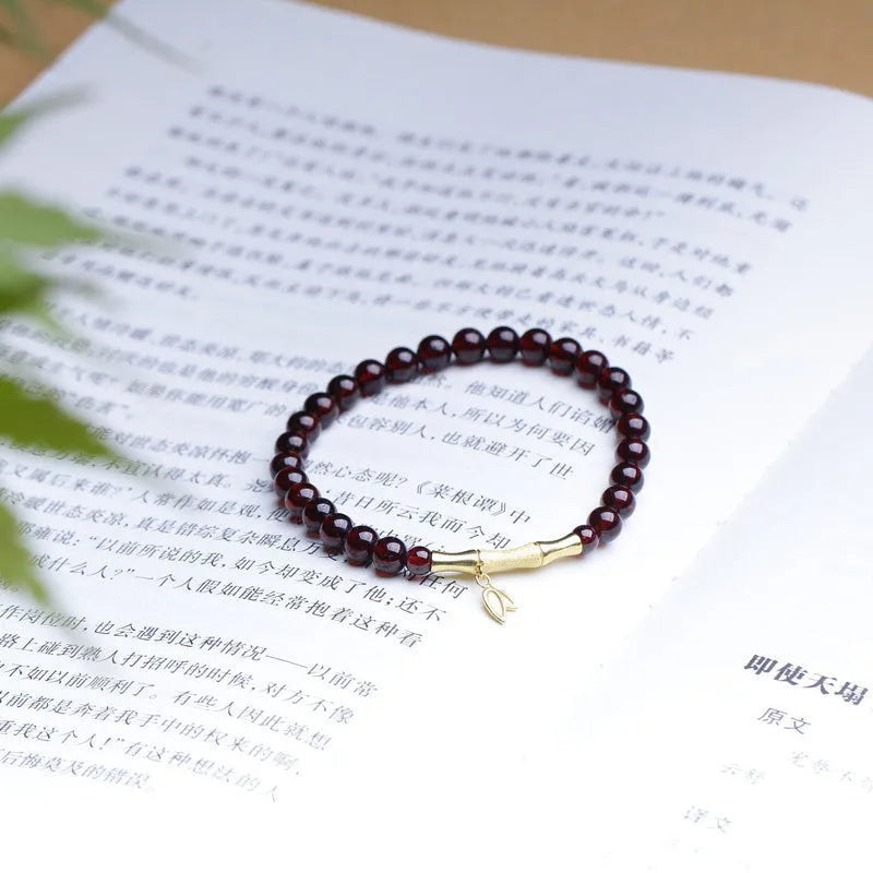 Natural garnet bamboo joint bracelet with 6mm single ring design in copper or silver finish