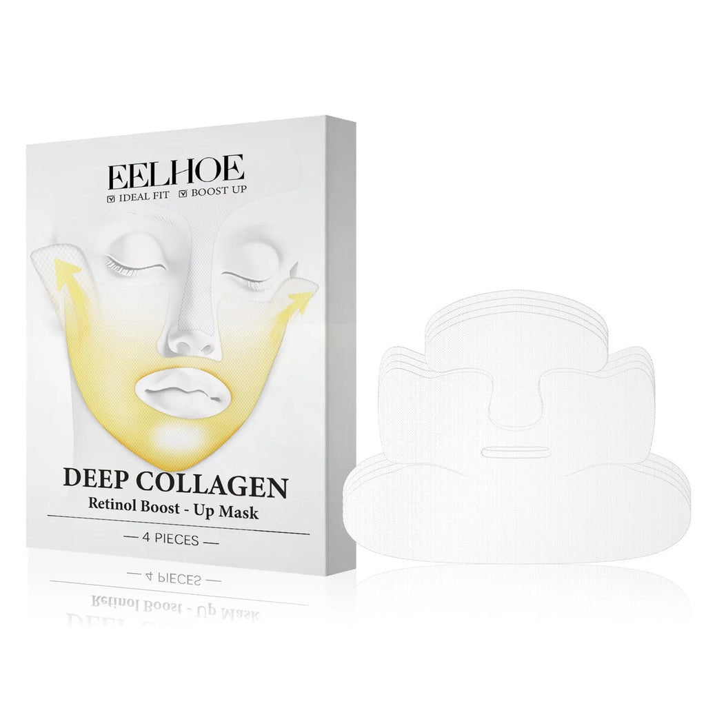 Four collagen facial sheet masks showing 23.5x16.8cm size for skincare application