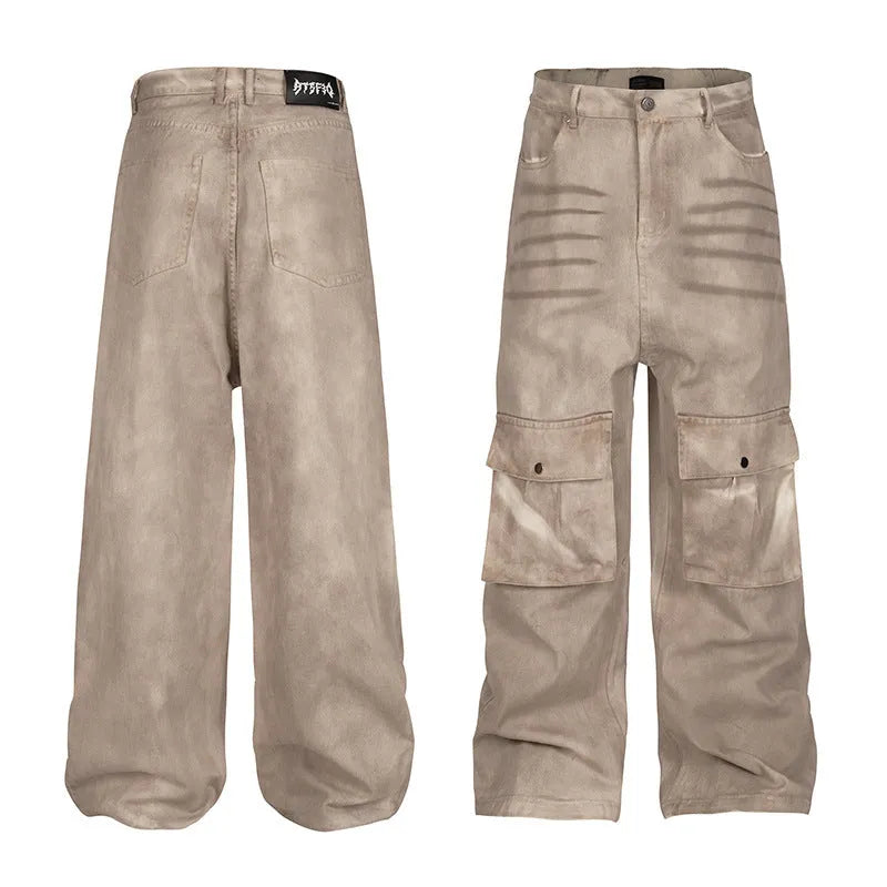 Marble dark pure cotton denim casual pants with a loose A-line fit and straight legs.