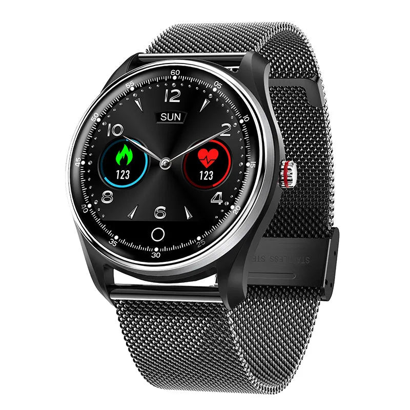 Heying smart bracelet men's sports watch with metal case, heart rate monitor, step counter, and remote selfie on a wrist