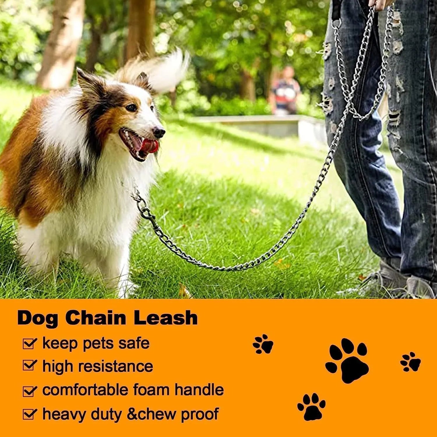 Heavy duty metal dog chain leash with soft padded black handle for large dogs