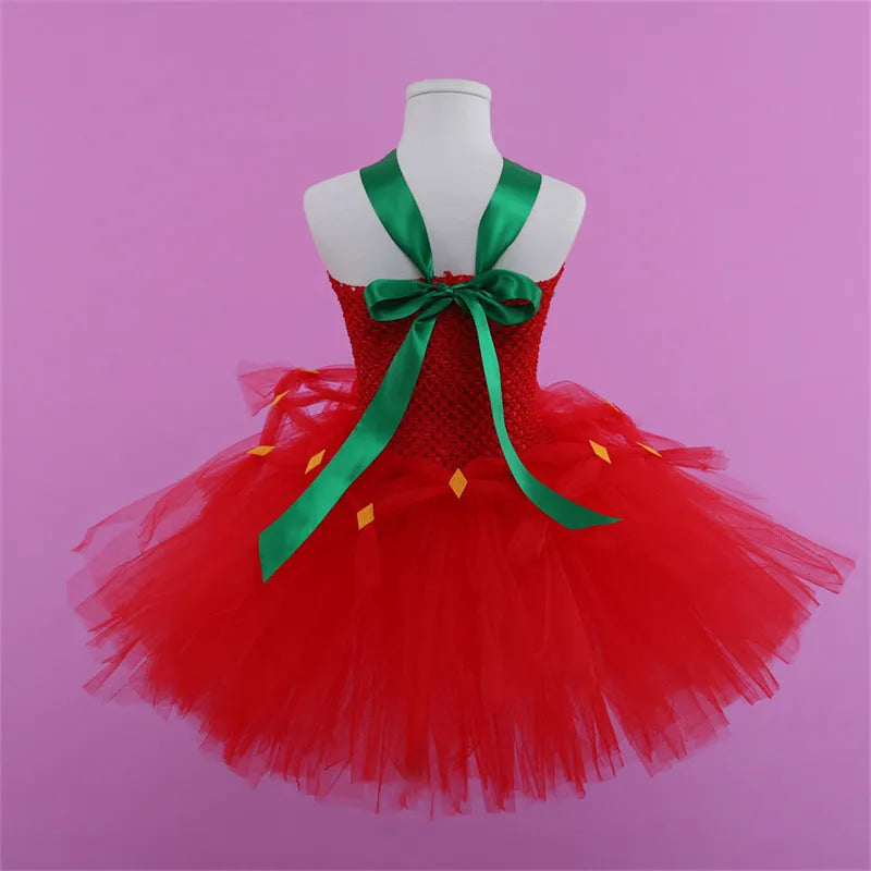 Red girls princess dress with lace and mesh in South Korean silk on a white background.