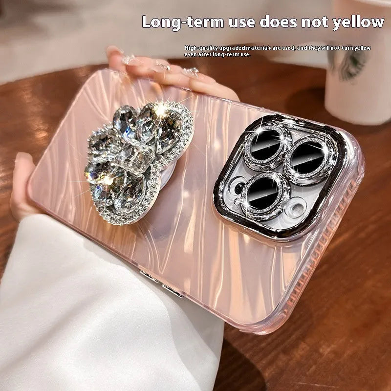 Silicone phone case with rhinestone love bracket and lens protector for iPhone in silver