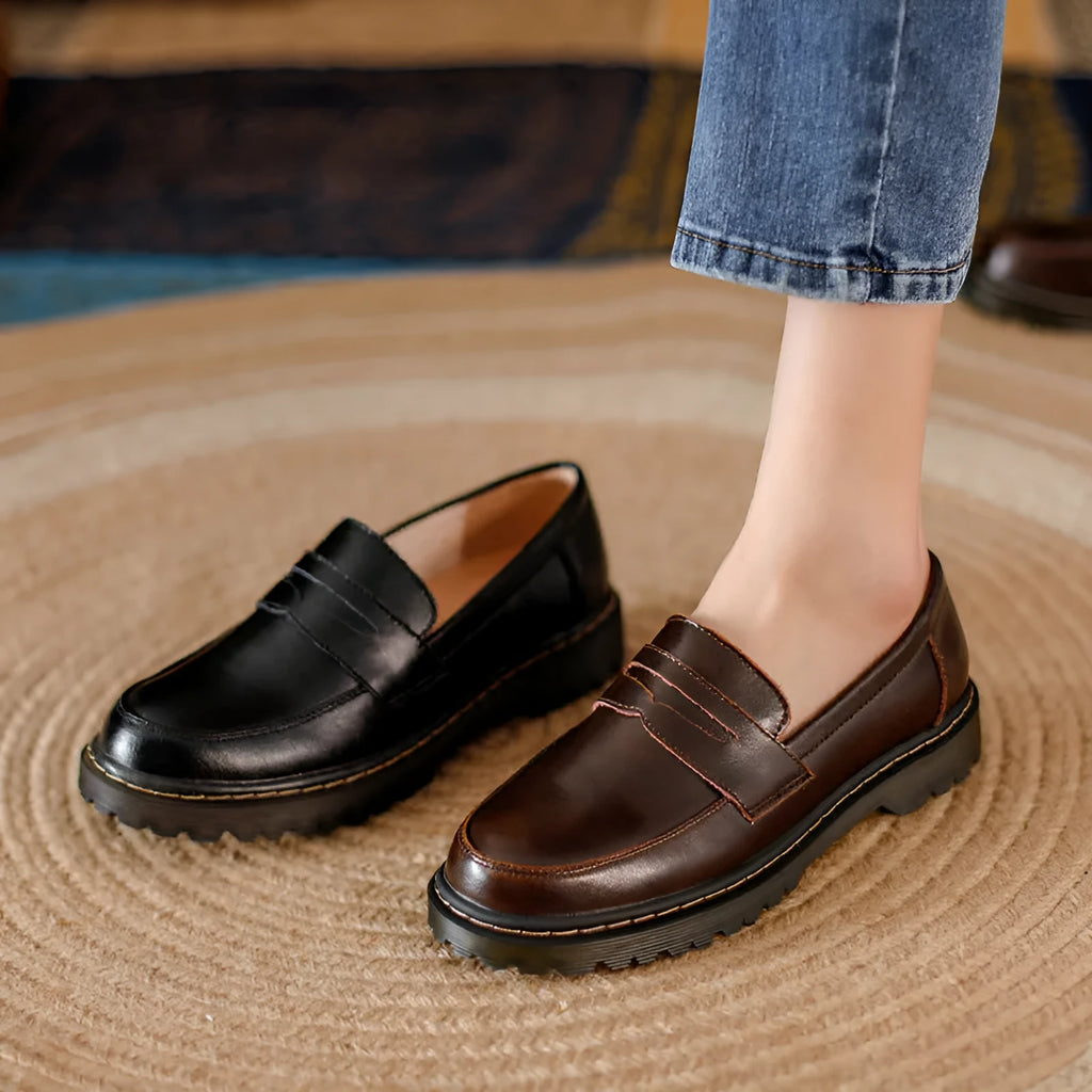 Round head low heel leather shoes for women in vintage brown, side view showing shallow mouth and low heel
