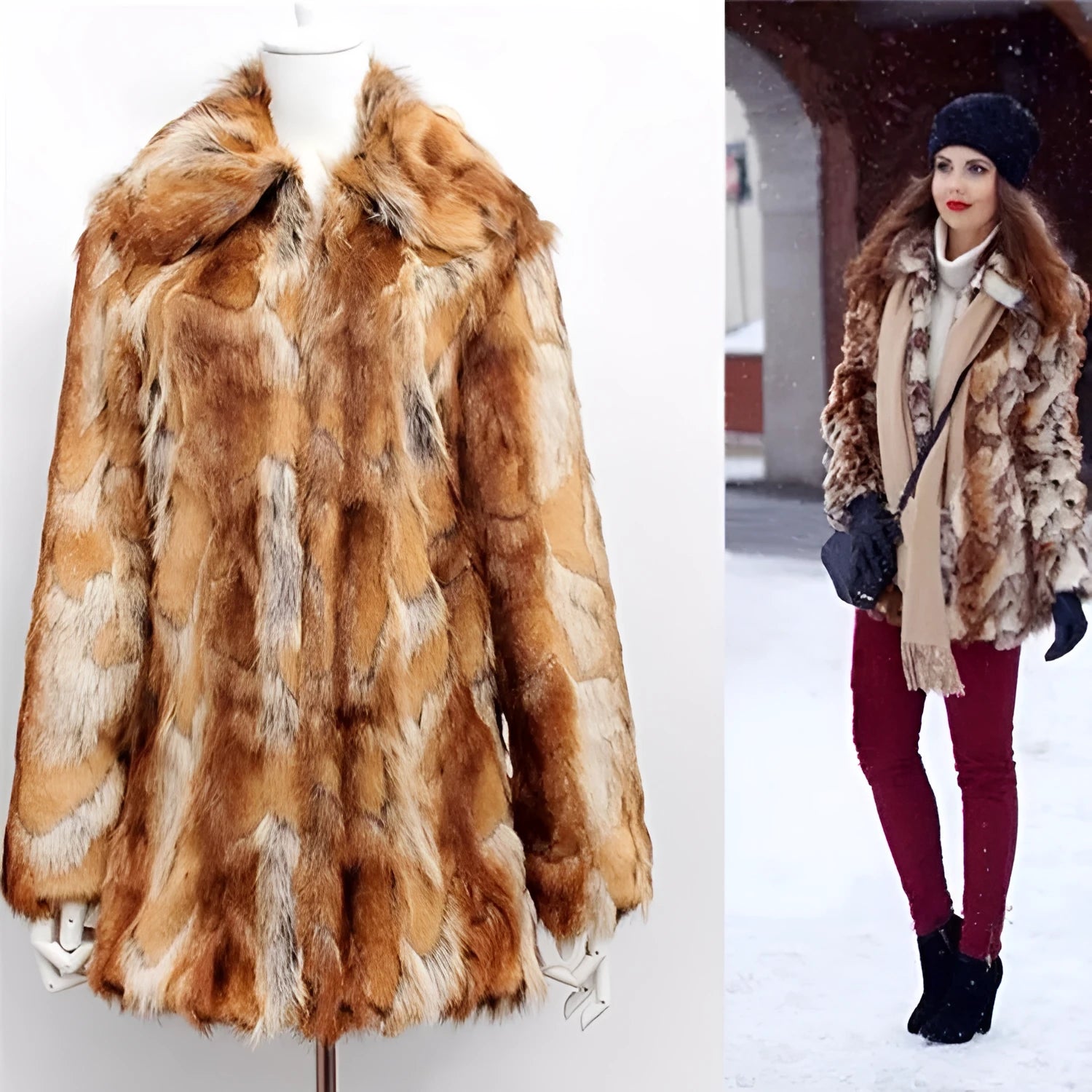 Women's slim fit tiger pattern faux fur jacket with long sleeves on a mannequin.
