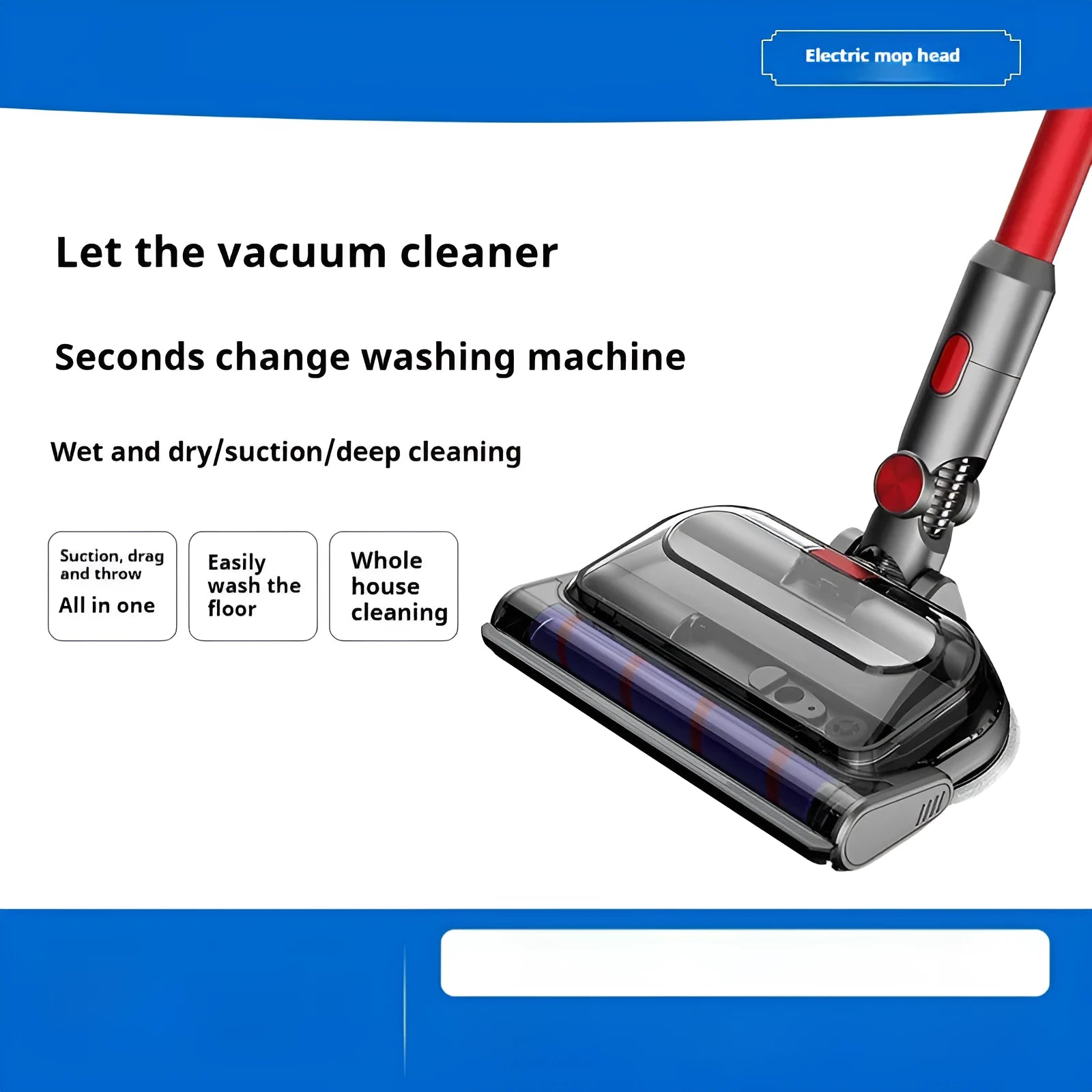 Electric mop head vacuum accessory with three-in-one dust collection, washing, waxing functions