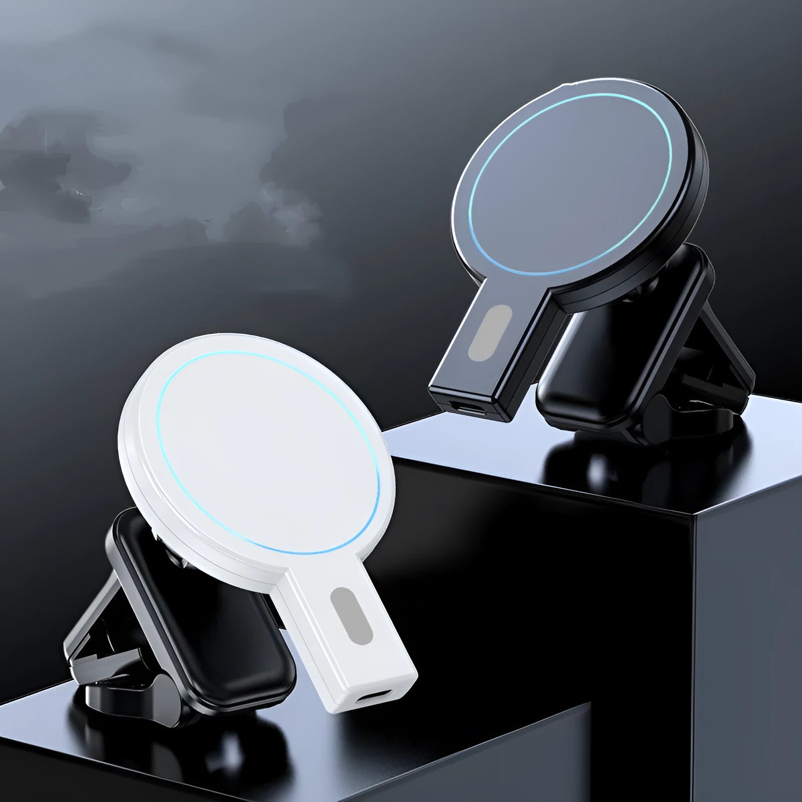 Compact magnetic wireless phone charger in black colour with charging cable