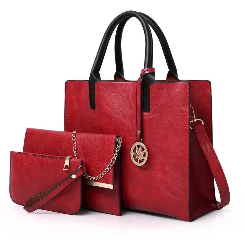 Women's mother-and-child handbag set in PU with shoulder strap, available in black, bronze, khaki, pink, red