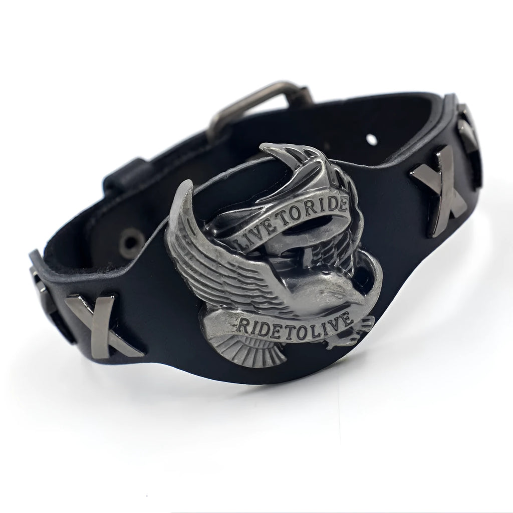Black leather eagle geometric pattern bracelet with watch-button clasp on wrist