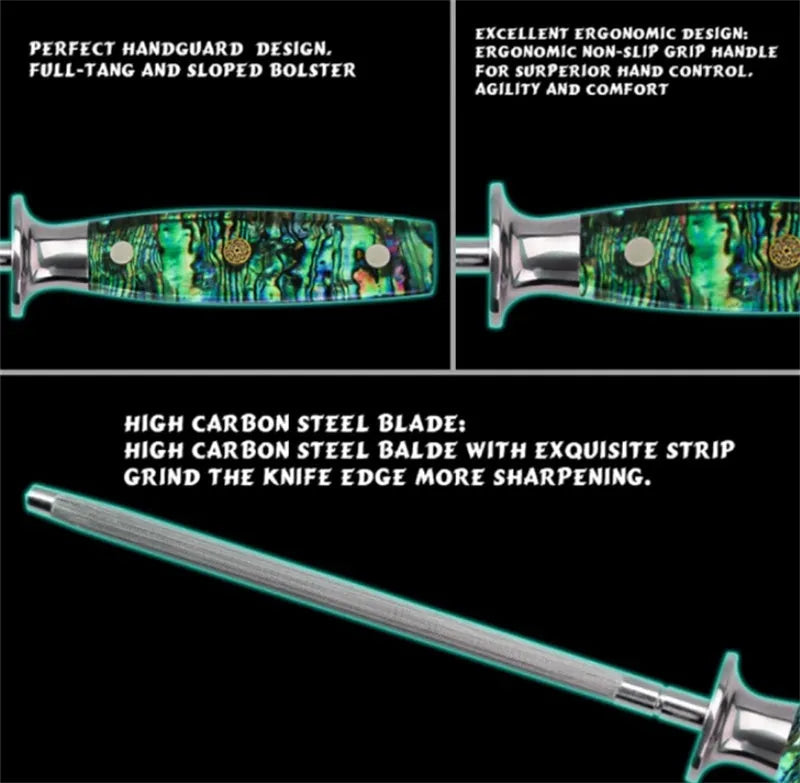 High carbon steel knife sharpener with diamond particles and abalone shell handle