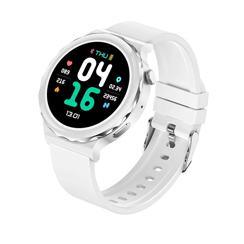 HW52 smart watch with zinc alloy round dial, IPS touch screen, shown in Black Gold, Platinum or White
