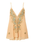 Light yellow ethnic print V-neck sling skirt with sleeveless design and short length