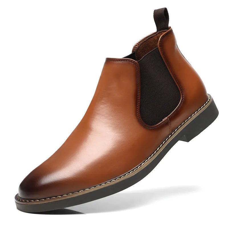 Men's black and yellow plus-size British-style calf-length leather boots with flat square heel