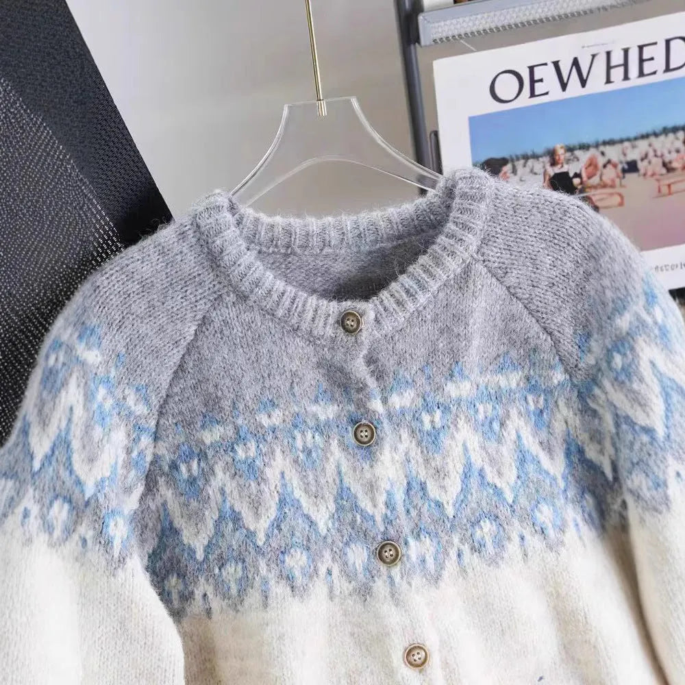 Women's loose fit contrast jacquard sweater coat in milky white, shown front view