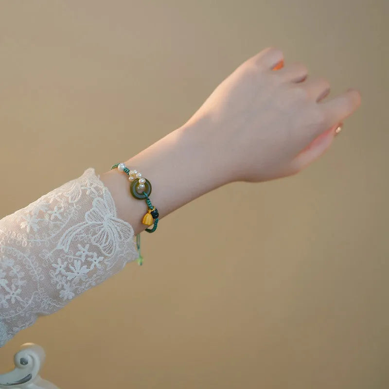 Hand-woven flexible wire watch band bracelet with pearl peace buckle clasp retro women's style