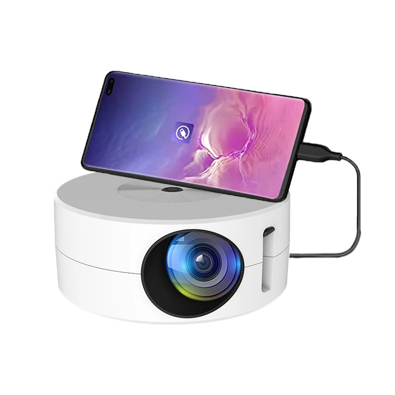 Household portable small wired mobile phone projector in white, 100mm by 47mm