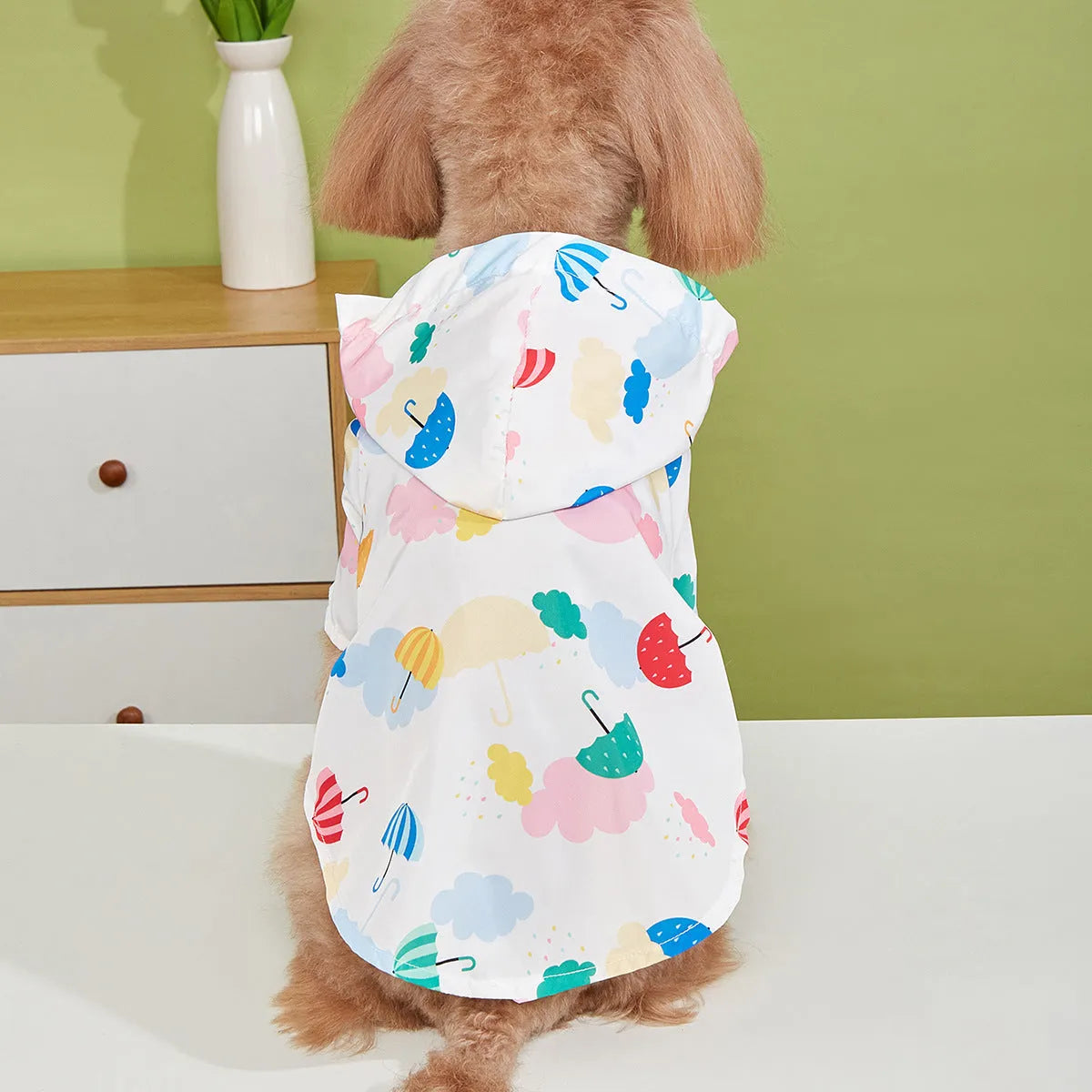 Colourful cartoon umbrella pattern polyester raincoat for a dog or cat, shown in size L.