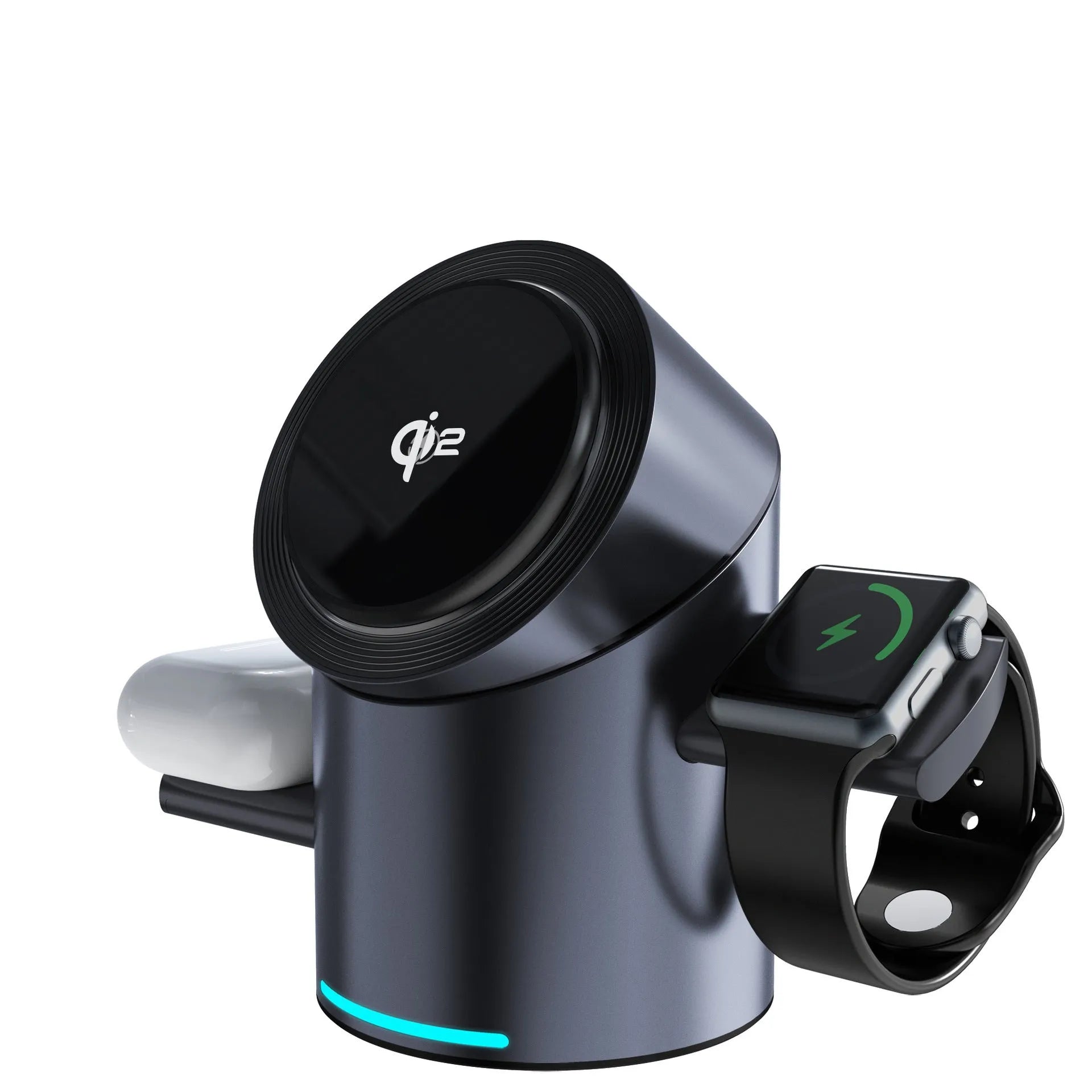 Three-in-one magnetic wireless charger touch in black charging an Apple phone, watch, and earbuds