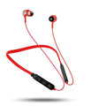 Neckband style sports Bluetooth earphones in black, red, or white colour options.