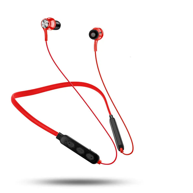 Neckband style sports Bluetooth earphones in black, red, or white colour options.