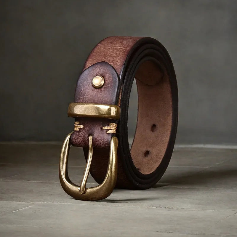 Men's casual leather belt with brass buckle in black brown khaki colours showing adjustable length 95-125cm