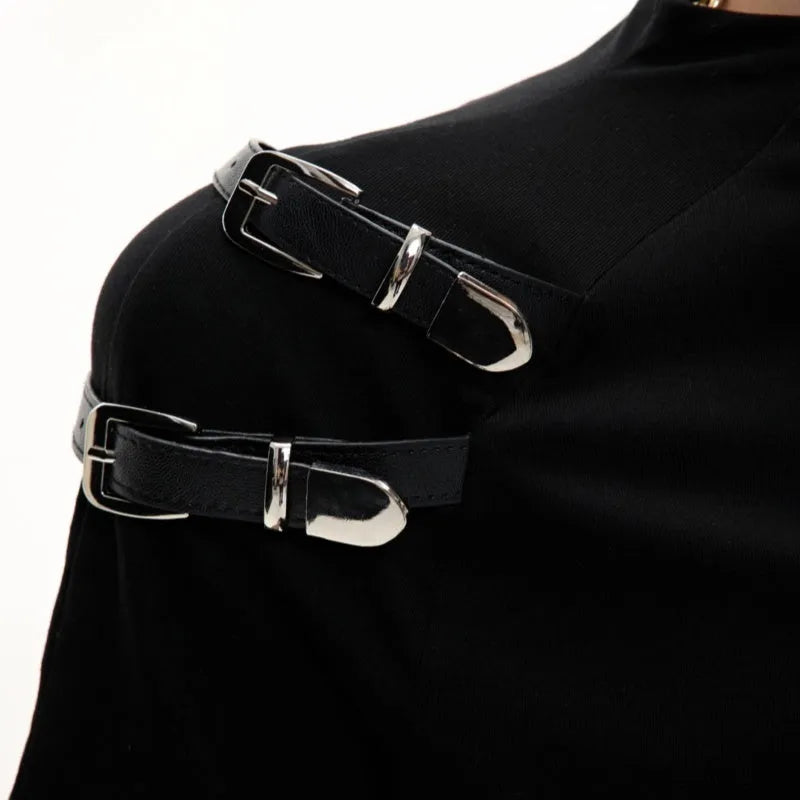 Men's slim fit black cotton T-shirt with small stand-up collar and metal belt design detail