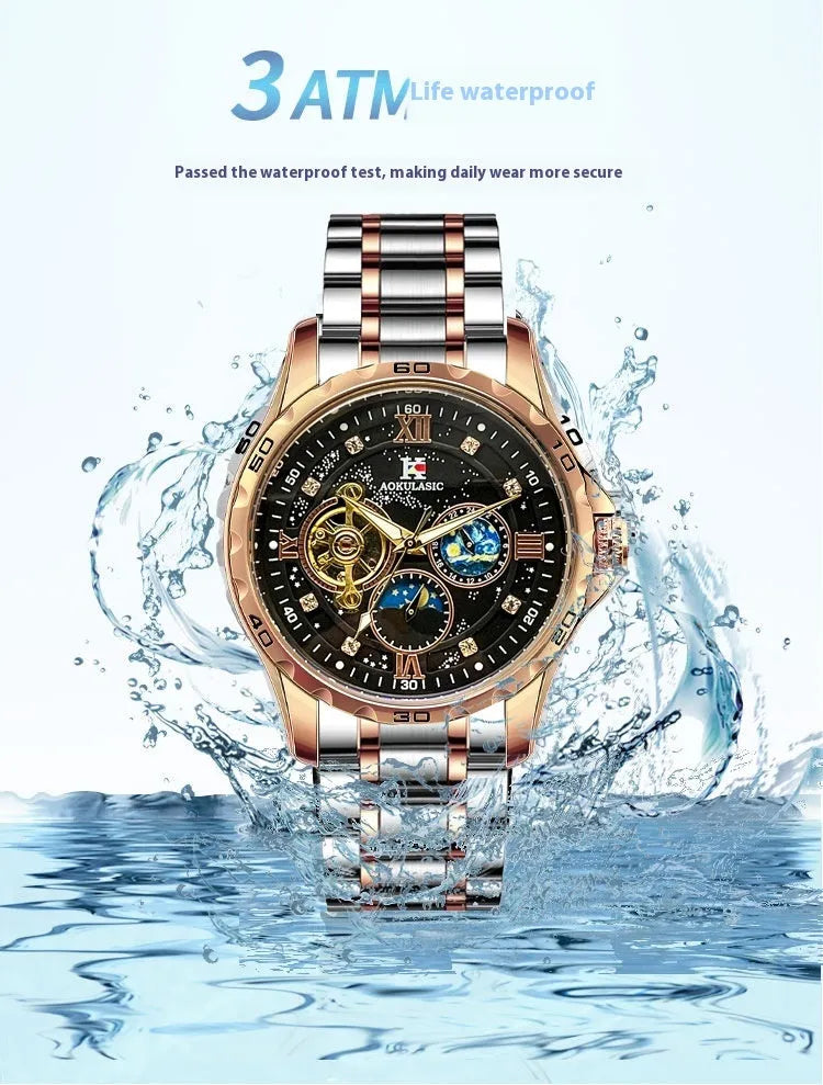 Automatic mechanical men's watch with large black dial and rose gold shell.