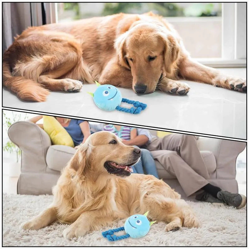Blue or yellow cotton rope dog squeaky toy with knot design for teething and interactive play