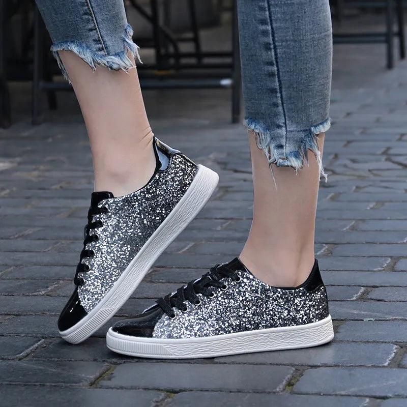 Women's casual low-top sequin shoes in gold with lace-up front and round toe.