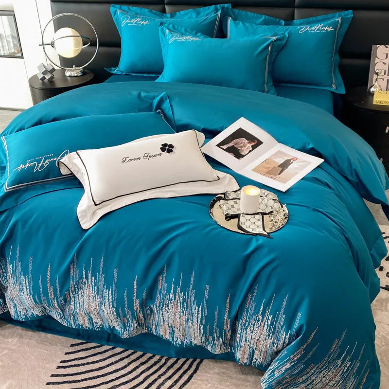 Pure cotton four-piece bedding set with embroidery in Dove Gray, includes quilt cover and pillowcases