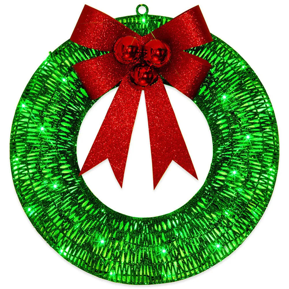 50cm handmade Christmas garland with gold and green bowknot, 140 LED lights, and battery-operated timer for door or wall display