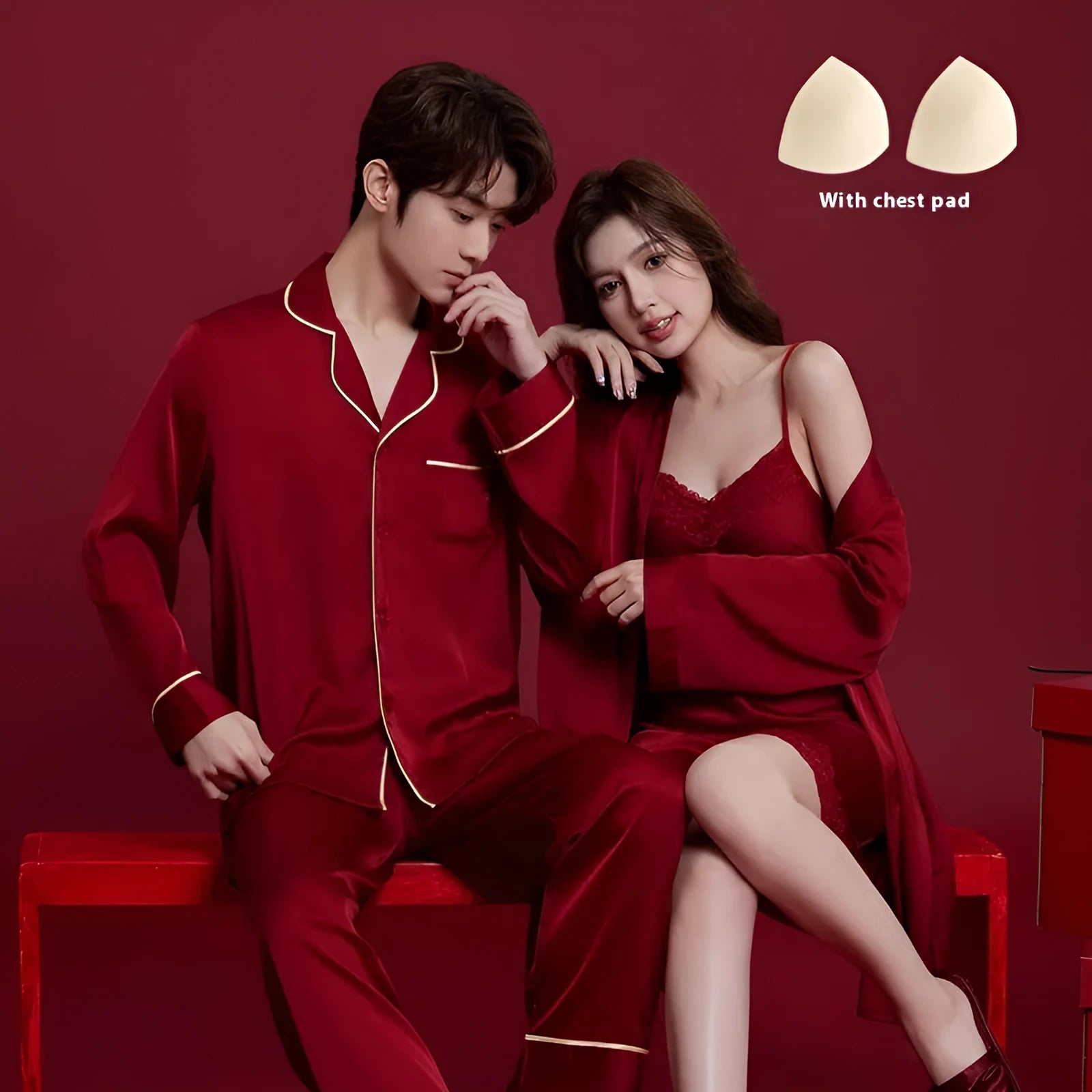 Red silk pyjama set for men and women with long sleeves and trouser length
