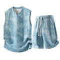 Sleeveless vest and shorts two-piece casual suit in a light denim blue colour for larger sizes.