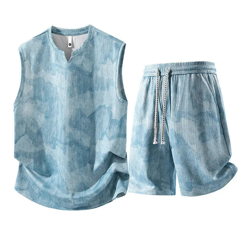 Sleeveless vest and shorts two-piece casual suit in a light denim blue colour for larger sizes.