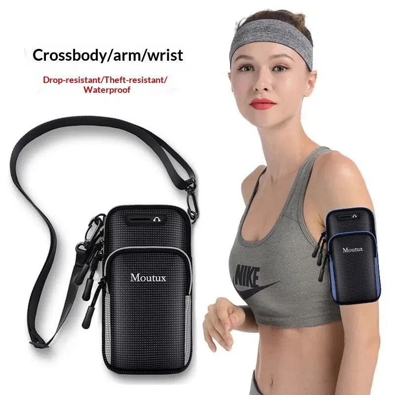 Unisex waterproof anti-theft arm bag for running, shown in black gray with arm strap