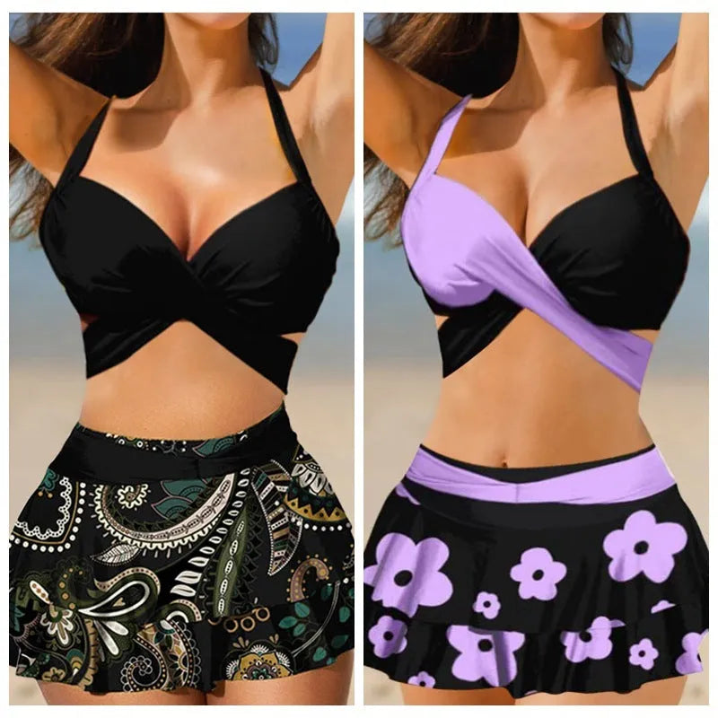 Purple high-waist bikini with matching skirt and lace-up back detail