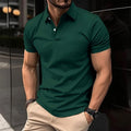 Man modelling a solid colour short sleeve polo shirt with a buttoned lapel collar.