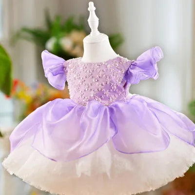 Children flounced sleeve pettiskirt birthday dress in pink polyester fibre for girls 80-160cm